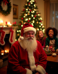 Santa claus celebrating christmas with children by a decorated tree and cozy fireplace