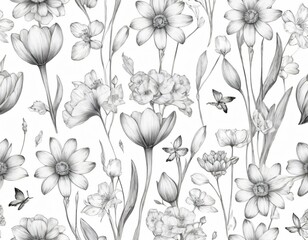 Colorful floral pattern with assorted flowers on a pale background suitable for fabric or wallpaper