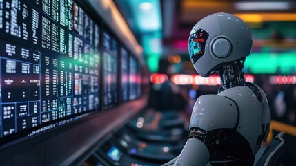 Fototapeta premium Robotic interface analyzing market stats in modern room
