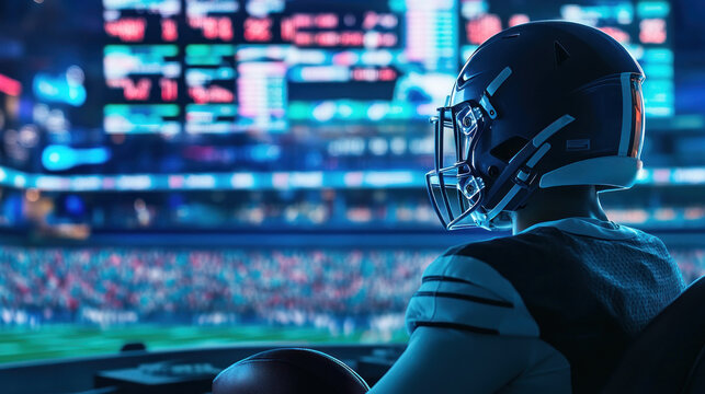 Athlete with helmet reviewing match data on large screen - Powered by Adobe