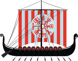 Vintage viking sailing ship drakkar with rows of oars and sail side view isolated on white background
