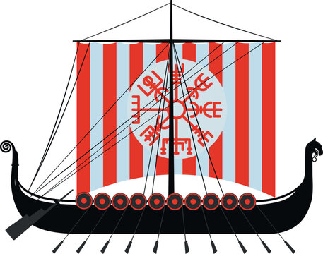 Vintage viking sailing ship drakkar with rows of oars and sail side view isolated on white background