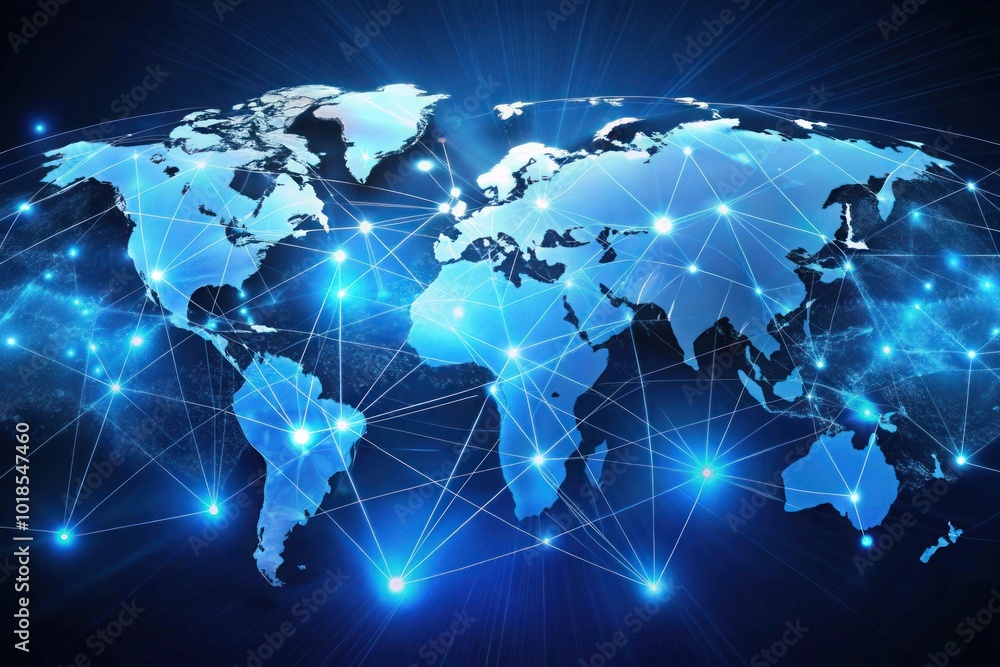 Poster abstract global network concept with a blue glowing world map, data transfer and cyber technology ba