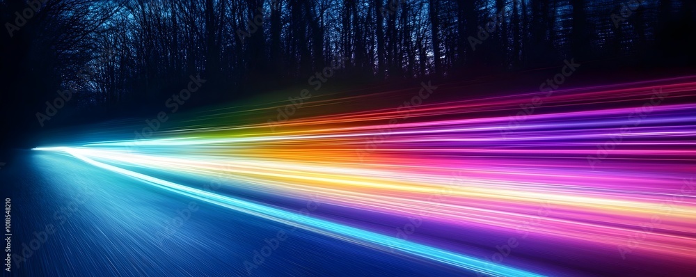 Poster ethereal prismatic reflections - vibrant surreal forms over dynamic light trails in an abstract back