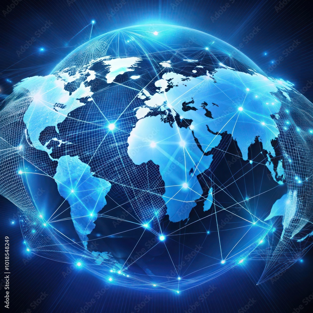Aufkleber abstract global network concept with a blue glowing world map, data transfer and cyber technology ba