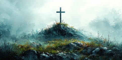 Fototapeta premium Cross on a grassy hill surrounded by mist and rocks in a serene and peaceful landscape Generative AI