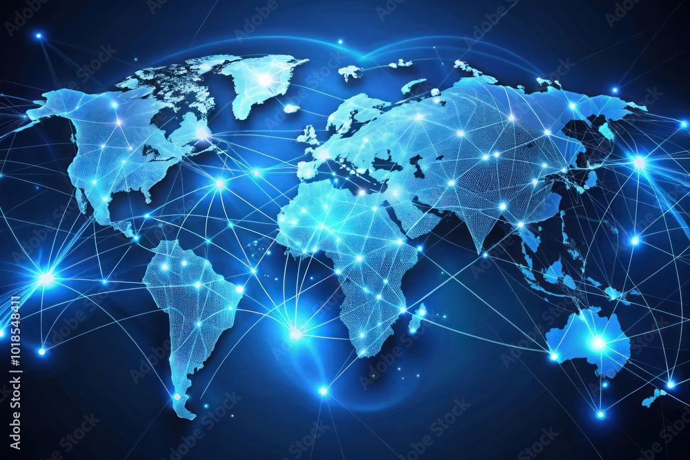 Aufkleber abstract global network concept with a blue glowing world map, data transfer and cyber technology ba