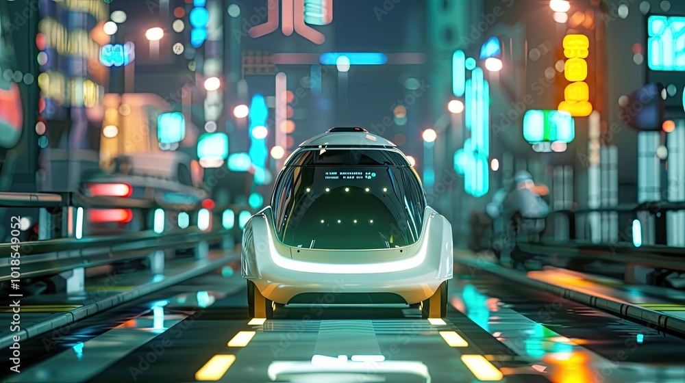 Poster sleek autonomous vehicle navigating through a smart city with advanced infrastructure