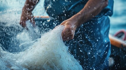 Fototapeta premium Fisherman Casting Net Over Water in Sunlight