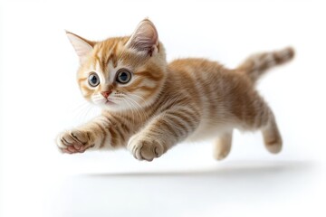 Obraz premium jumping american shorthair cat against a clean white background showcasing its playful demeanor and sleek fur capturing the essence of feline agility and charm