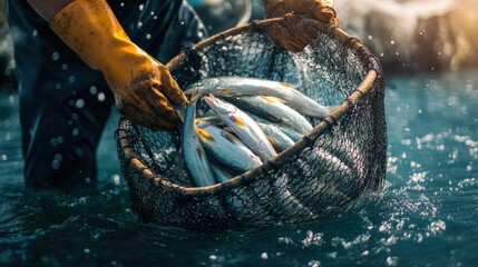 Fisherman Retrieving Fish from Water with Net