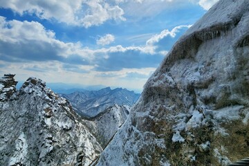 Winter of Bukhansan national park in seoul, south korea. Hiking in the mountains - Vacation in the mountains. Winter Mountain Hiking.