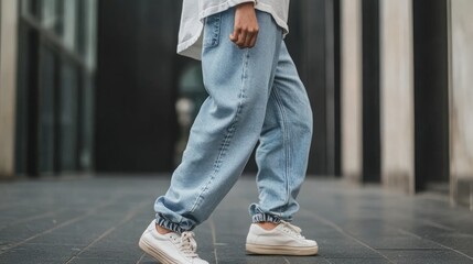 A person wearing light blue jeans and white sneakers walks on a city street.