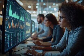 Diverse team analyzing stock market trends together