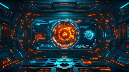 Fototapeta premium Futuristic Control Room with Glowing Orange and Blue Interface with Technology Theme