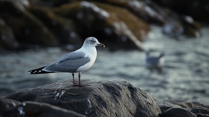 Fototapeta premium Seagull Perched on Rock by the Ocean
