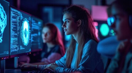 Focused programmer interacts with complex data visuals