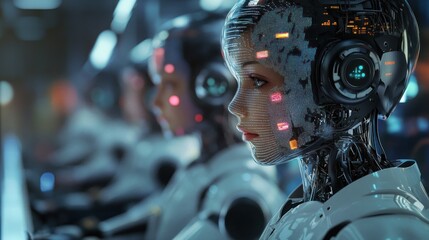 Fototapeta premium Robot line-up illustrating advanced AI in action