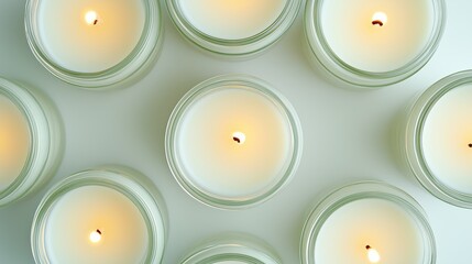 A top-down view of lit candles in jars, radiating warm and serene ambiance.