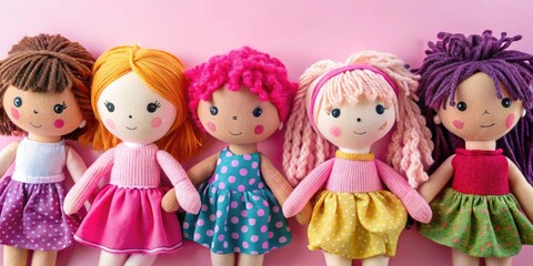 Fototapeta premium Five Cheerful Fabric Dolls With Different Hair Colors and Outfits Arranged in a Row on a Pink Background