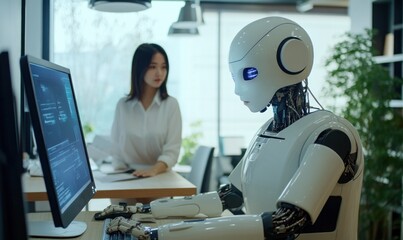 Cutting-Edge Robot Focuses On Screen, Woman Observes