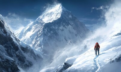 A climber ascends a snow-covered mountain peak.