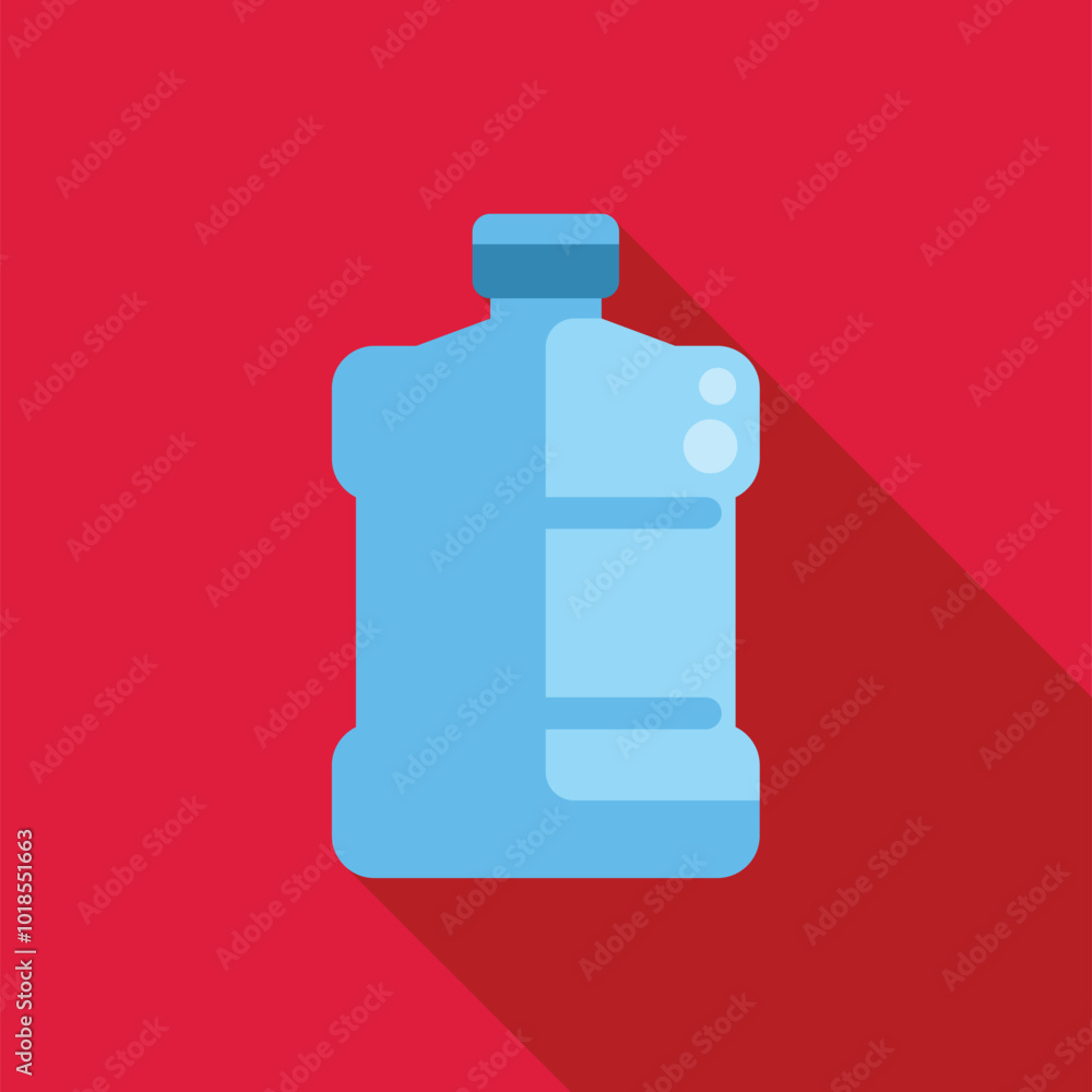 Poster big blue water bottle with handle casting shadow, simple flat design of reusable water container on 