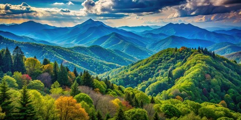 Obraz premium Breathtaking Appalachian Mountains in Georgia showcase majestic peaks and vibrant greenery, all set against a pristine blue sky, creating a stunning natural landscape.
