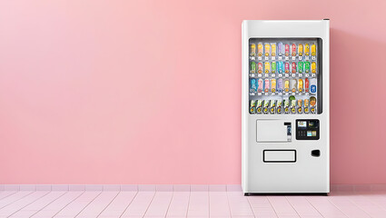 a minimalist and modern-style vending machine set against a pastel pink wall. Small business, self-service vending machines in public places. machine vending at the station