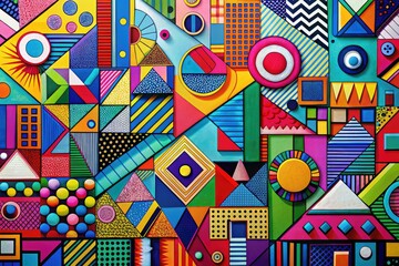 Obraz premium Bright and lively 1980s abstract art featuring geometric shapes and striking patterns, perfect for enriching creative environments and inspiring artistic expression. A celebration of color!