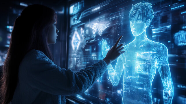 A woman attracted to AI anime hologram handsome man in the screen. 
