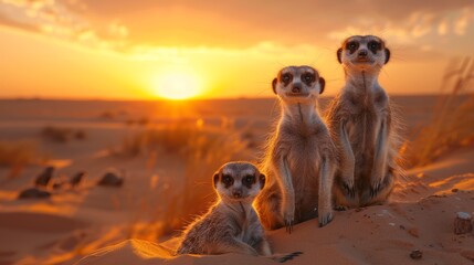 Obraz premium Alert Meerkats on Sandy Dune at Sunset
