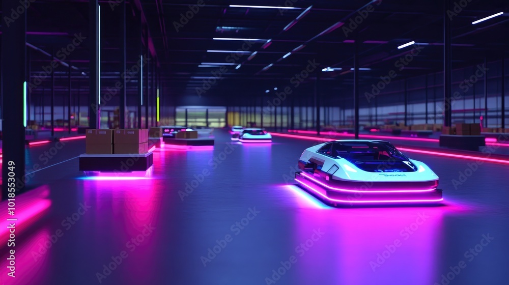Poster a high-tech warehouse with autonomous robotic vehicles transporting boxes, showcasing the impact of 
