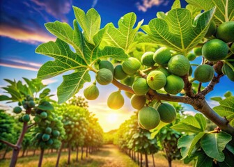 Lush Green Fig Trees with Ripe Fruits in a Sunny Orchard Surrounded by Vibrant Nature and Sky