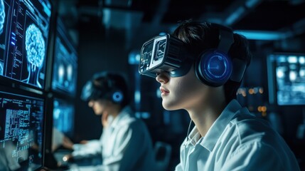 People using VR headsets in a digital workspace