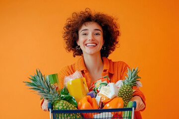 Young woman with a shopping cart full of products isolated on orange