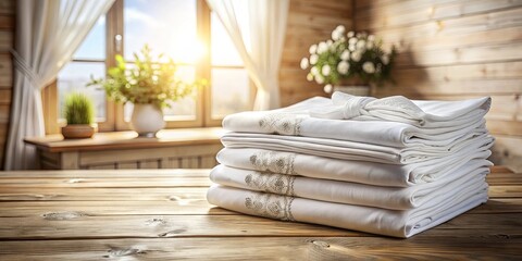 A Stack of Freshly Laundered Linens Resting on a Rustic Wooden Table, Bathed in Warm Sunlight Streaming Through a Window