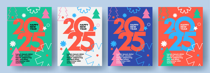 Happy New Year 2025. Set of modern trendy Xmas card, banner, cover, poster in bright open colors and geometric minimalist style with simple shapes of snowflakes, Christmas tree and number 2025 design.