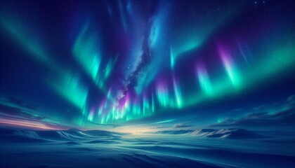 Über einer Eislandschaft sieht man wunderschöne Polarlichter am Himmel
