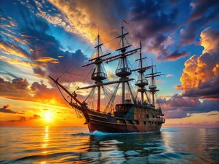 Obraz premium Majestic Blackbeard sails gracefully through serene waters, embraced by a warm sunset glow beneath a vibrant blue sky, embodying the spirit of adventure and tranquility.