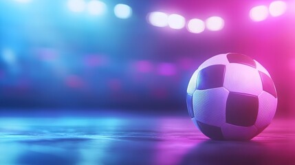 Fototapeta premium A futuristic neon football stadium with a vibrant atmosphere, featuring glowing seats and dynamic fans within a sleek architectural design