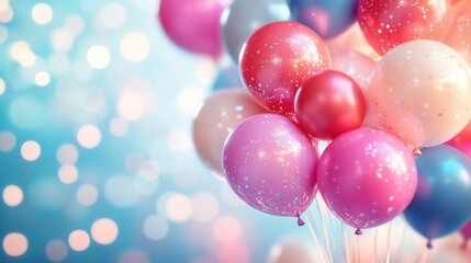 Burst of colorful balloons in the air, New Year wallpaper background, soft focus on a festive scene, joyful vibe, space for text.