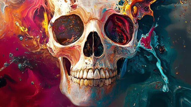 Skull covered in billowing smoke, halloween scary skull, abstract, colorful, scary, cool, dark background, footage, 4k footage, videos, video clip, slow motion, video wallpaper, animation, 4k