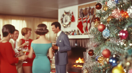 Retro Christmas party scene with elegantly dressed adults in a 1960s styled living room decorated with a colorful Christmas tree.