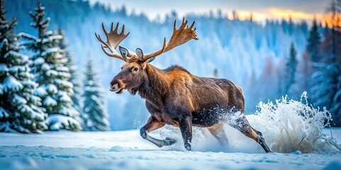 Majestic Moose Running Through a Beautiful Snowy Landscape in the Winter Wilderness of Nature