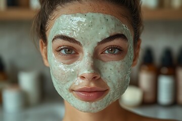 Woman with a green face mask for skincare
