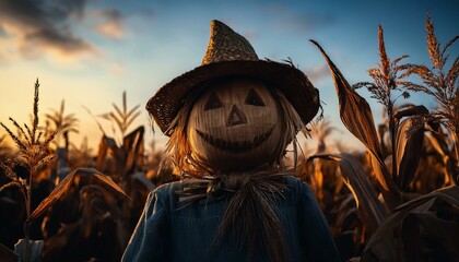 Close up of scarecrow in a corn field with burlap sack face; fall, autumn, halloween concept