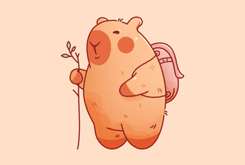 Fototapeta premium Kawaii cutie capybara traveler with stick and backpack.
