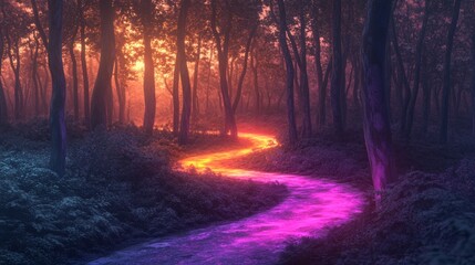A vibrant, surreal forest path illuminated by colorful light.
