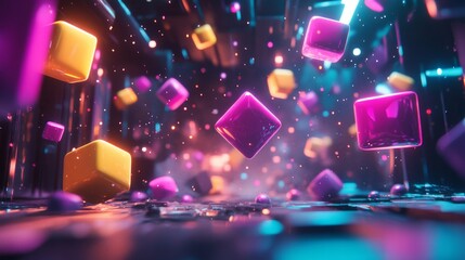 Abstract scene with colorful floating cubes in a digital environment.